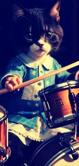 Cat wearing blue jacket playing drums in a whimsical setting.