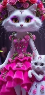 Elegant cats in floral dresses and crowns.