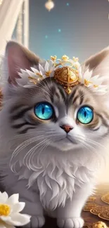 Cute cat with blue eyes fantasy art wallpaper.