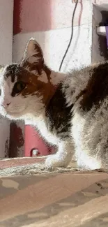 A cozy cat resting in a pastel-hued home interior.