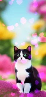 Black and white cat with pink flowers and colorful background.