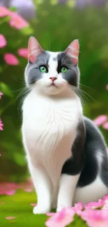 Black and white cat with green eyes in a garden with pink flowers.