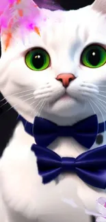 White cat with green eyes and blue bow tie on black background.