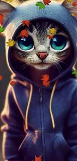 Cute cat in blue hoodie digital art wallpaper.