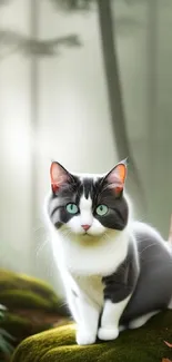 Black and white cat on a mossy log in a peaceful forest scene.