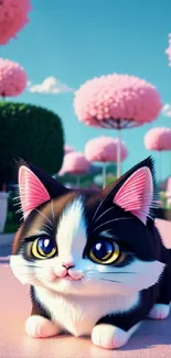 Cute cat in a vibrant fantasy garden with pink trees and a clear sky.