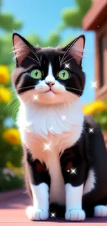 Black and white cat with green eyes in a vibrant flower garden.