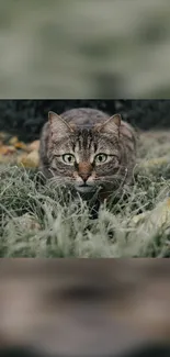 Charming tabby cat hiding in lush green grass.