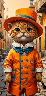 Cute cartoon cat in orange outfit in a street scene.