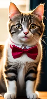 Adorable cat with a red bowtie seated on a table.