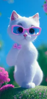 Cute white cat with pink sunglasses on grass, vibrant blue background.