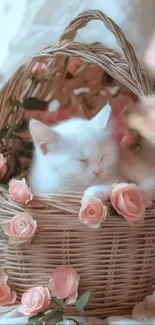 White cat in wicker basket with pink roses