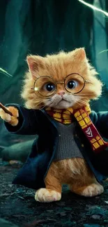 Adorable cat dressed as a wizard in a magical forest.