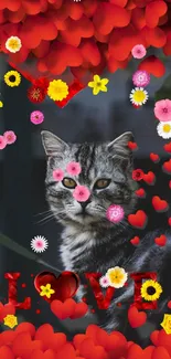 Cute cat with vibrant flowers and hearts in a love-themed wallpaper.