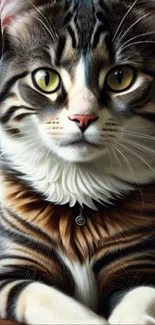 Realistic tabby cat with green eyes mobile wallpaper.