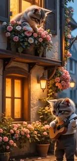 Charming cat playing guitar in a floral street.