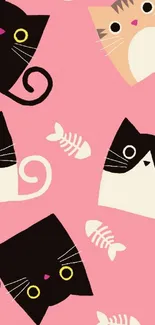 Charming pink wallpaper with cute cat illustrations.