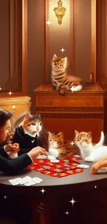 Cats playing poker in luxury room art wallpaper.