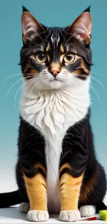 Charming cat portrait with black and white fur on a blue background.