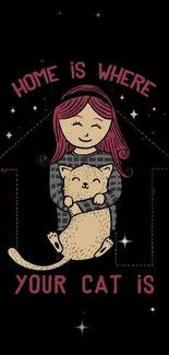 Illustration of girl hugging cat with heartwarming quote.