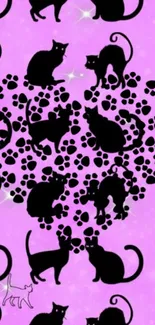 Pink wallpaper with black cat silhouettes forming a heart.