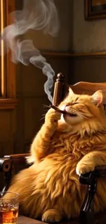 Fluffy orange cat smoking a pipe in a chair.