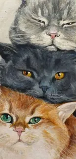 Three hand-painted cats with vibrant eyes in a charming portrait.