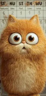 Wide-eyed fluffy cat standing indoor, cute expression.