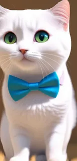 Adorable white cat with a blue bowtie and green eyes on a mobile wallpaper.