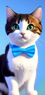 Cute cat with blue bowtie and green eyes on a sky blue background.