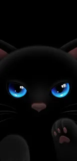 Wallpaper featuring a black cat with bright blue eyes on a dark background.