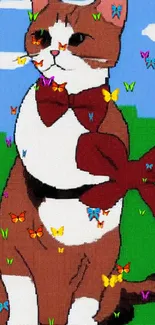 Cartoon cat with red bow in green field.