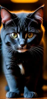 Close-up of a cat with striking yellow eyes in soft lighting.