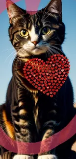 Charming cat with a heart-shaped design on a sky blue background.