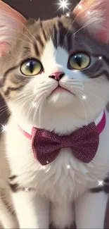 Cute kitten with pink bowtie and sparkling eyes, perfect pet wallpaper.