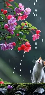 Cute kitten under falling raindrops with colorful flowers.