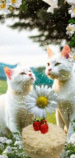 Charming wallpaper with white cats, daisies, and lush greenery.