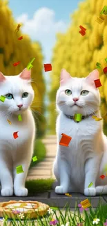 Two white cats sitting in a vibrant yellow flower path.