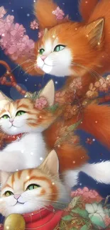 Three ginger cats with blossoms art wallpaper.