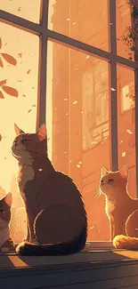 Three cats sitting by a sunlit window with autumn leaves outside.