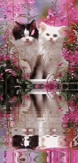 Adorable cats surrounded by pink flowers with a water reflection.