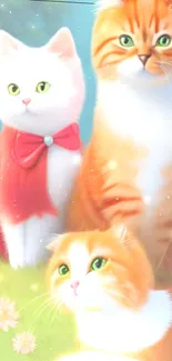 Three cute cats in a dreamy meadow setting.