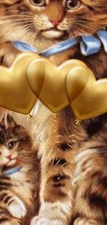 Charming cats with golden heart-shaped balloons and blue ribbons.