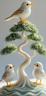 Ceramic birds on a stylized tree sculpture.