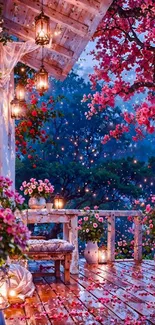 Serene deck with cherry blossoms and lanterns at dusk.