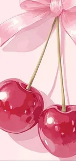 Pink cherries with a glossy look and a ribbon bow.