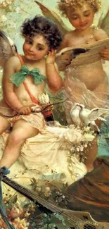 Vintage cherubs with musical instrument in floral setting.