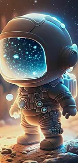 Chibi astronaut exploring a glowing cosmic scene.