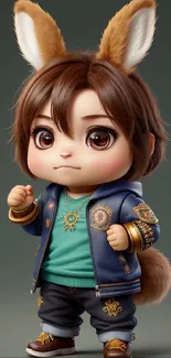 Chibi character in a jacket with playful ears and vibrant colors.