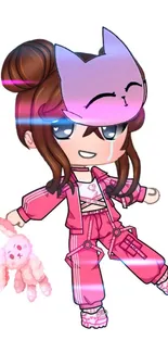 Chibi character in pink outfit holding plushie.